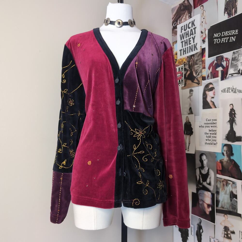Colorblock Embroidered Velvet Cardigan Vintage